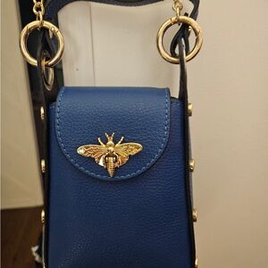Blue Leather Crossbody Bag with Gold Bee Accent